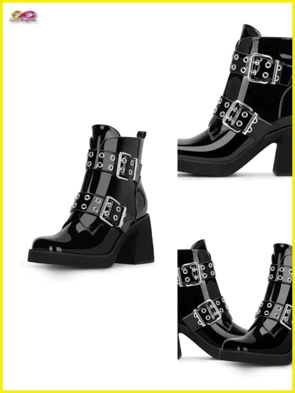 Patent Leather Chunky Heel Buckle Ankle Boots Side Zipper Platform Booties